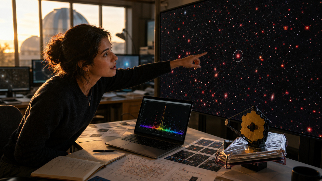 Mulher em laboratório apontando para imagem de estrelas indicando exoplaneta na tela grande.