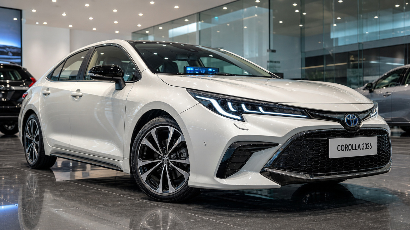 Carro branco Toyota Corolla 2026 em showroom moderno com iluminação interna e piso refletivo.