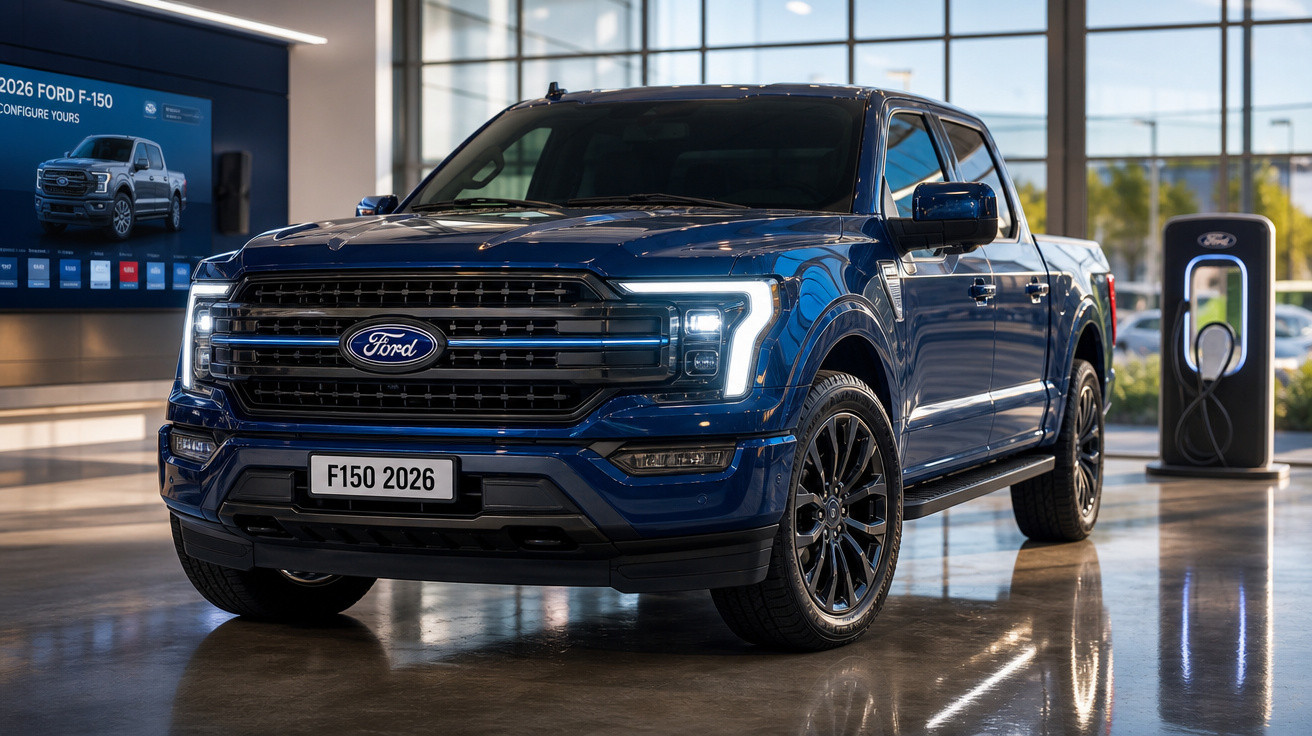 Picape Ford F-150 2026 azul em showroom moderno com carregador elétrico ao fundo.