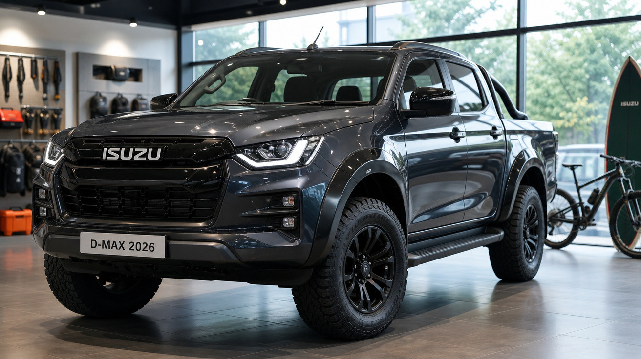 Picape preta Isuzu D-Max 2026 em exposição interna com bicicletas e pranchas ao fundo.