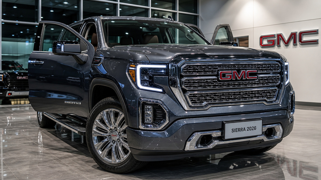 Picape GMC Sierra 2026 cinza escuro com portas dianteiras abertas em showroom iluminado.