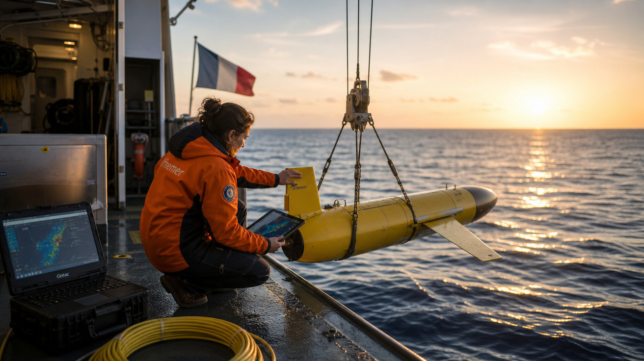 Pessoa operando drone subaquático amarelo em barco ao pôr do sol no mar, com laptop e cabo amarelo próximo.