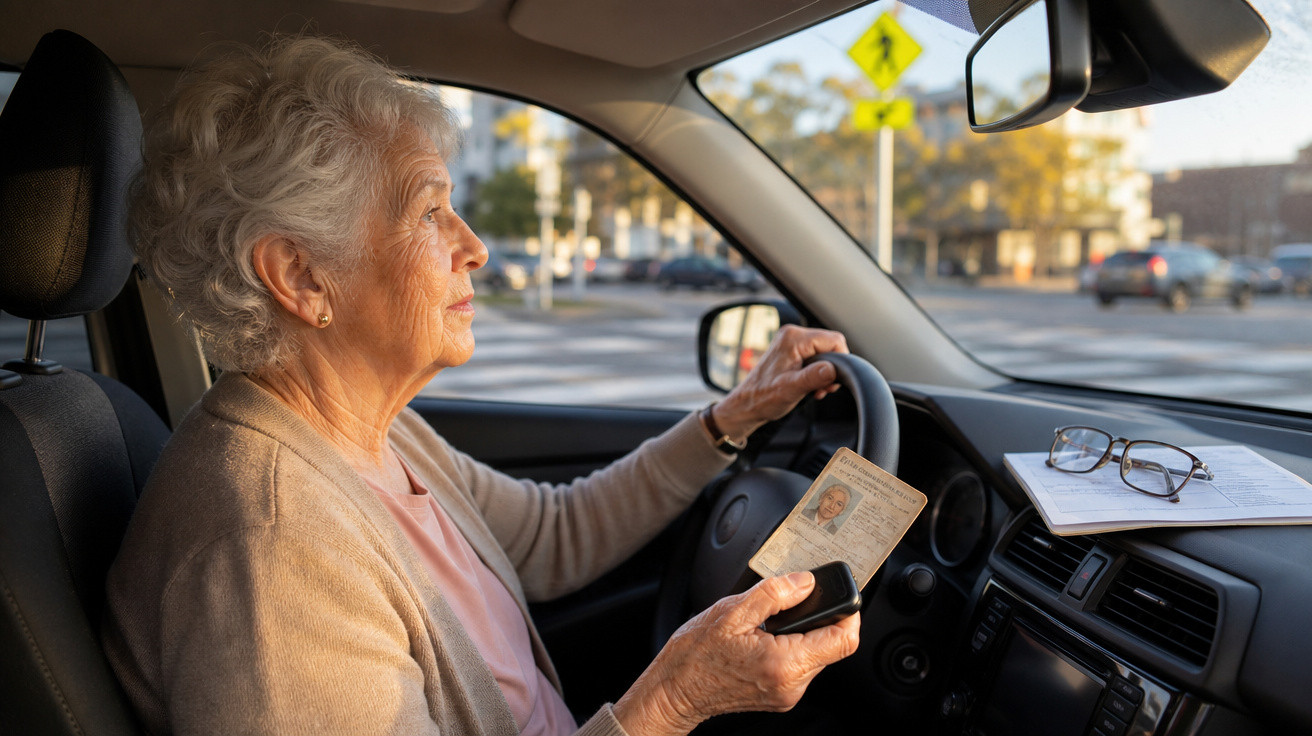 Mulher idosa sentada no carro segurando carteira de motorista e controle remoto, pronta para dirigir.