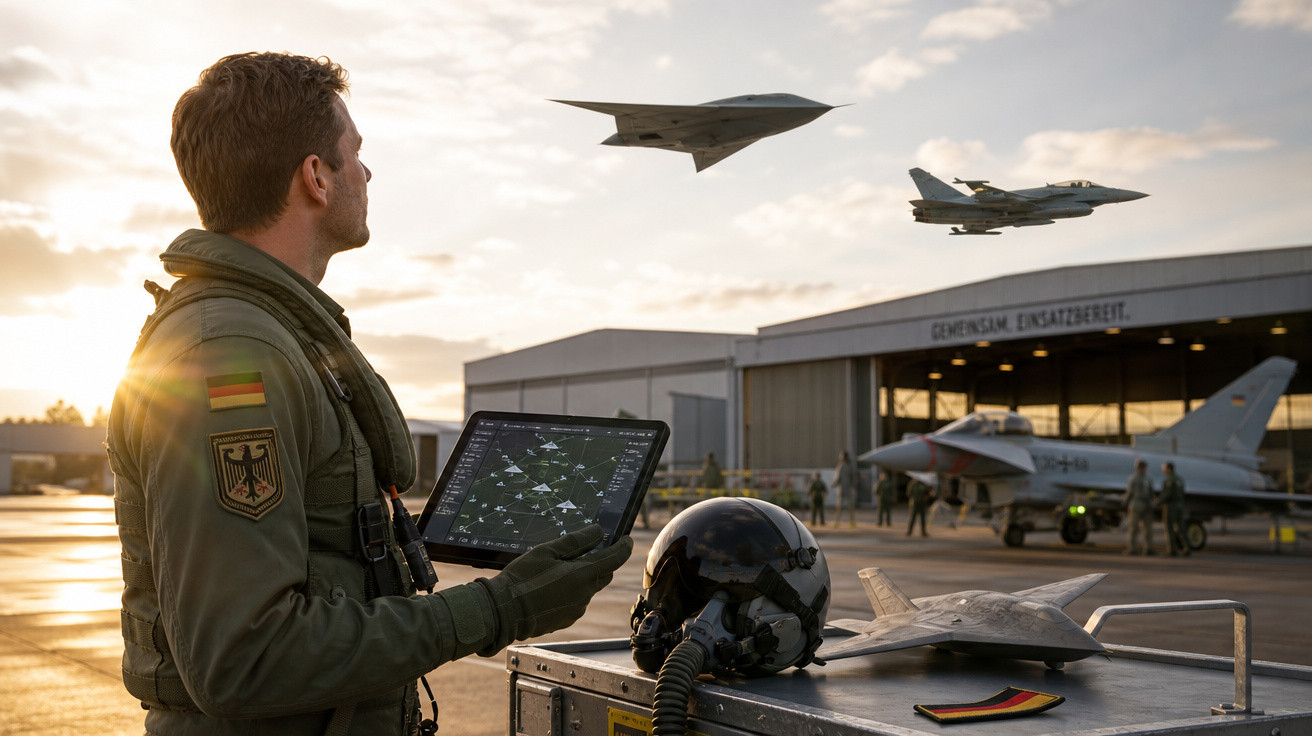 Militar observa drones e aviões de guerra em base aérea durante pôr do sol.