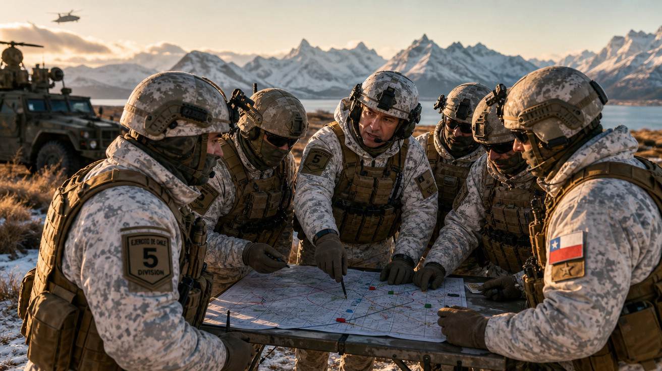 Soldados em uniforme tático consultando mapa em terreno montanhoso com veículo militar ao fundo.