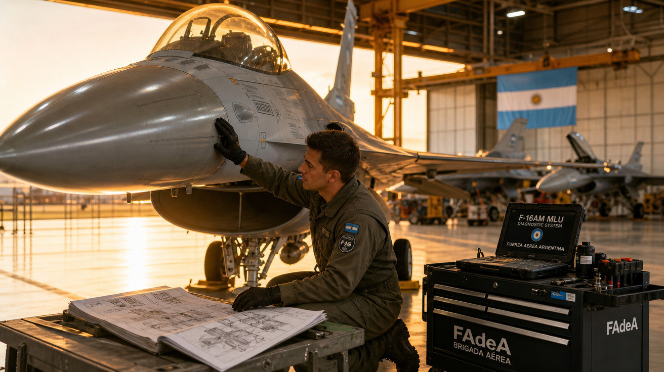 Técnico da Força Aérea Argentina inspeciona caça F-16AM MLU em hangar com equipamentos de diagnóstico.
