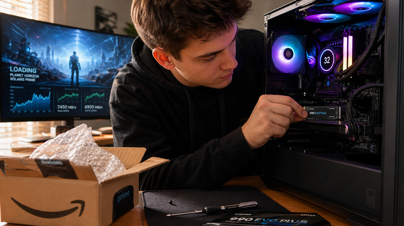 Jovem instala SSD Samsung 970 EVO Plus em computador gamer com monitor exibindo jogo futurista ao fundo.