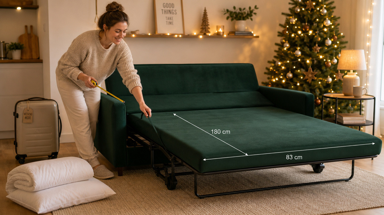 Mulher medindo sofá-cama verde escuro aberto em sala decorada com árvore de Natal.