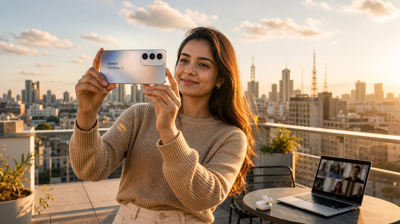 Mulher sorridente tirando selfie com smartphone em varanda com laptop e cidade ao fundo ao pôr do sol.