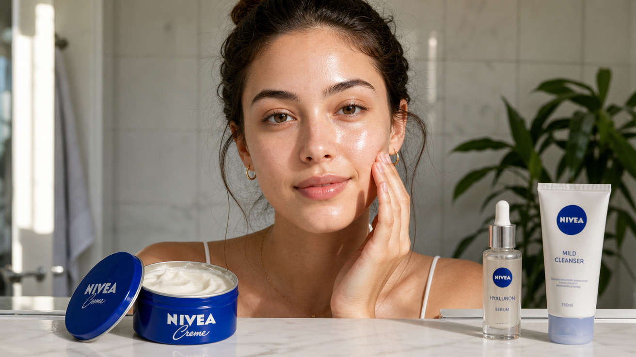 Mulher aplicando creme facial ao lado de produtos Nivea Creme, sérum e sabonete facial suave no banheiro.
