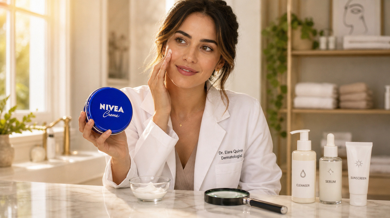 Dermatologista aplicando creme Nivea no rosto, com produtos de skincare sobre bancada na sala iluminada.