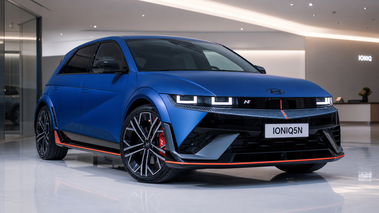 Carro elétrico Hyundai Ioniq 5N azul com detalhes em preto e vermelho em showroom moderno.