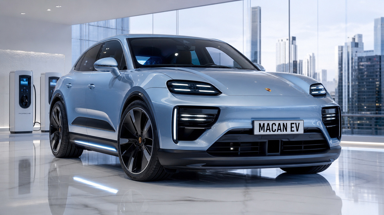 Carro elétrico Porsche Macan EV prata exibido em showroom moderno com painéis de vidro e carregadores elétricos.