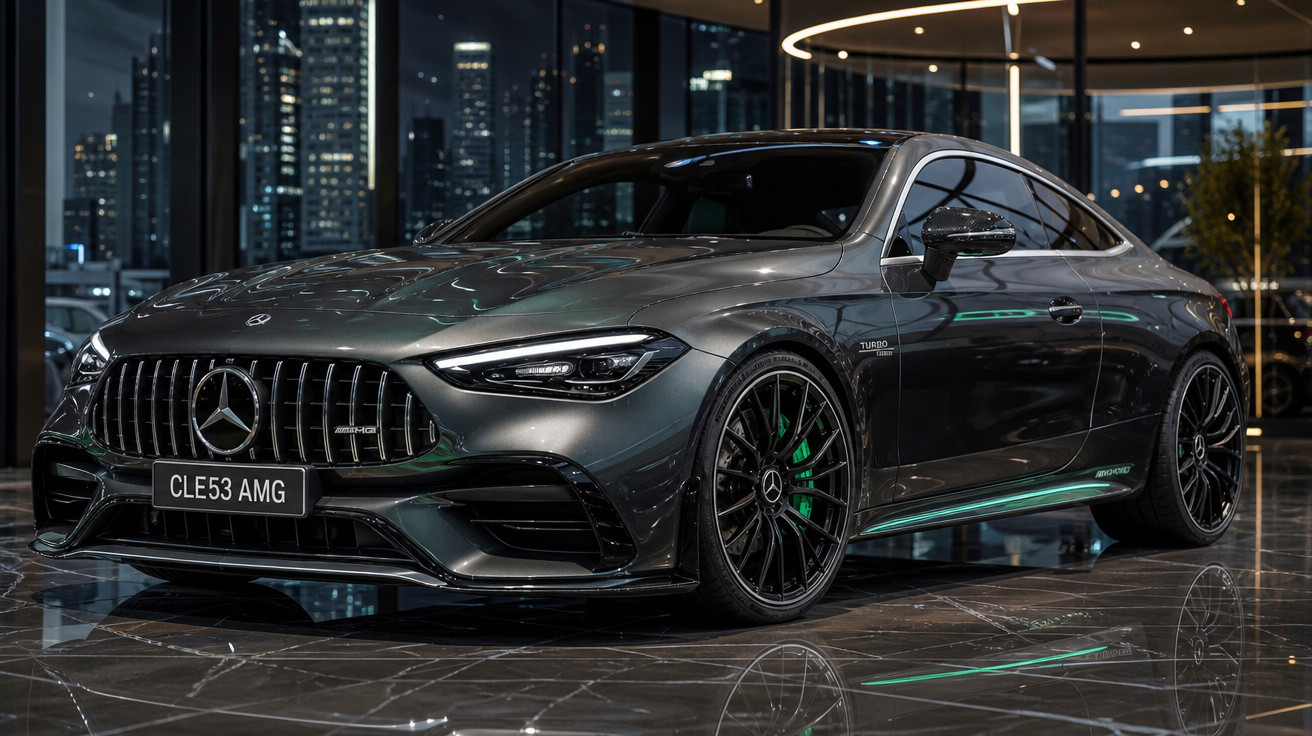 Carro esportivo Mercedes-Benz AMG cinza escuro em showroom com iluminação moderna e fundo urbano noturno.