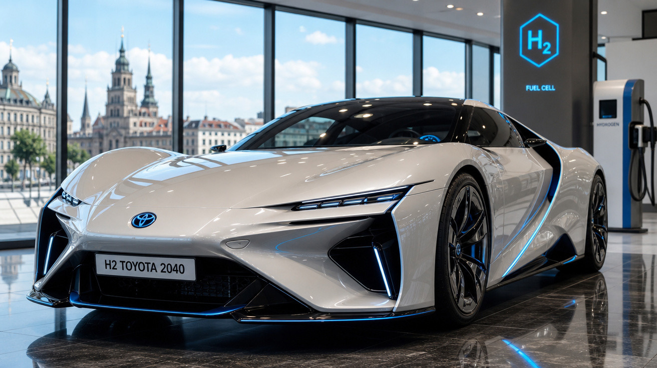 Carro esportivo conceito Toyota H2 2040 branco em exposição com painel sobre célula de combustível de hidrogênio.