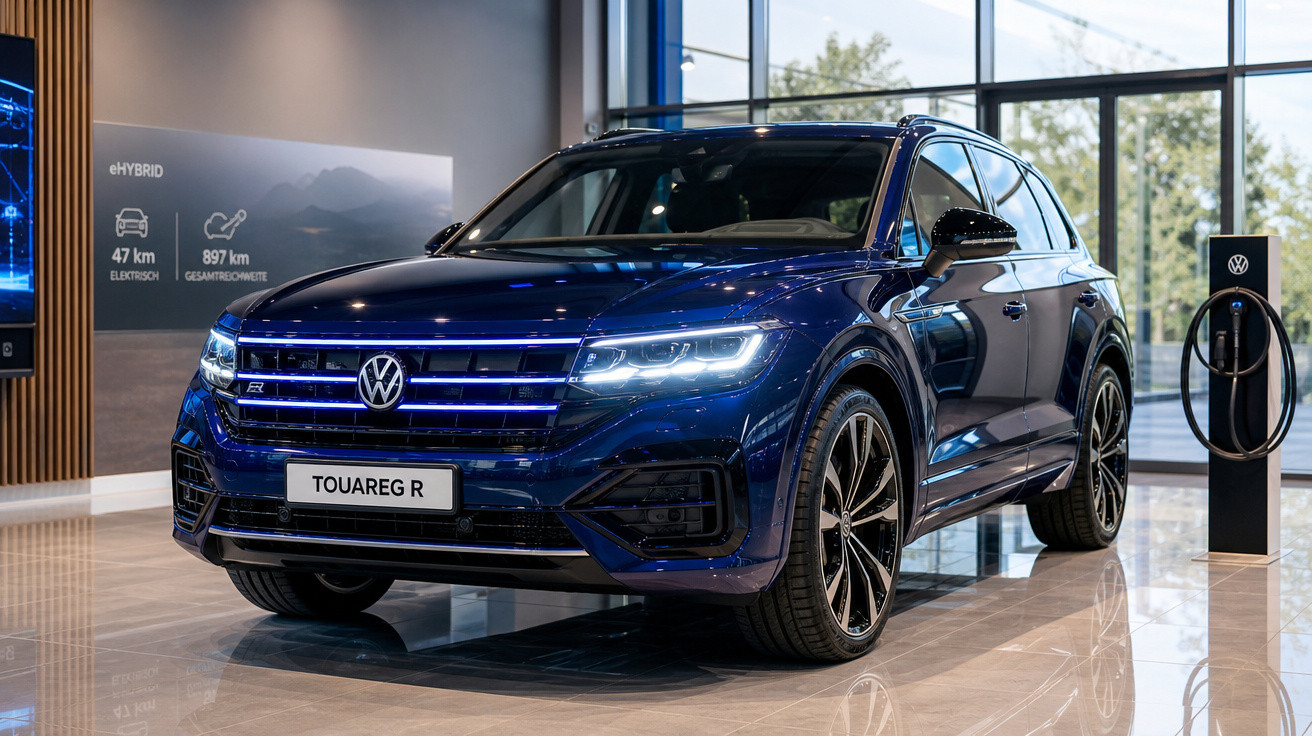 Carro SUV Volkswagen Touareg R azul estacionado em showroom moderno com grande janela e estação de recarga elétrica.