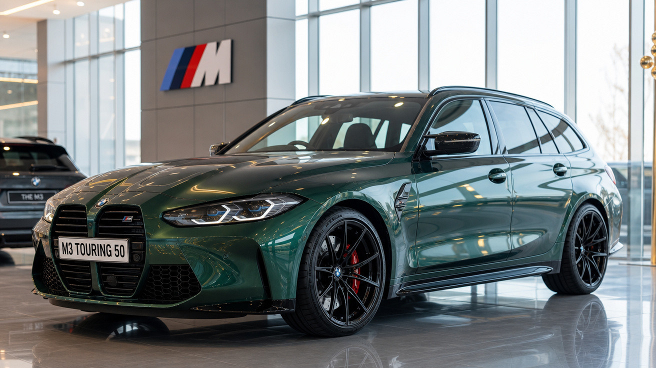 Carro BMW M3 Touring verde escuro em showroom com logo M na parede ao fundo.