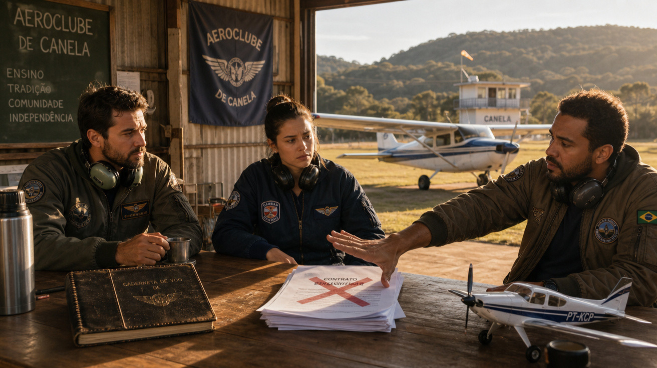 Três pilotos em reunião no Aeroclube de Canela com miniatura de avião e documentos sobre a mesa.