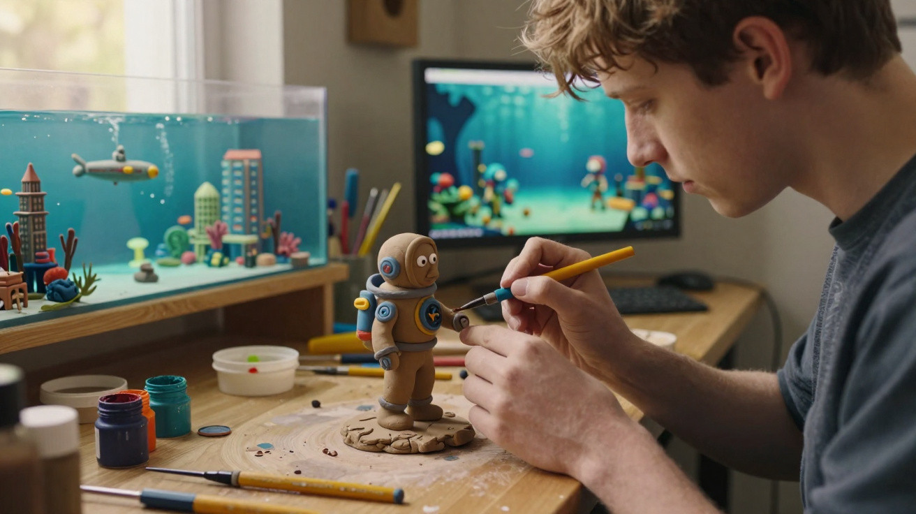 Jovem pintando modelo de escafandro em estúdio com aquário e computador ao fundo.