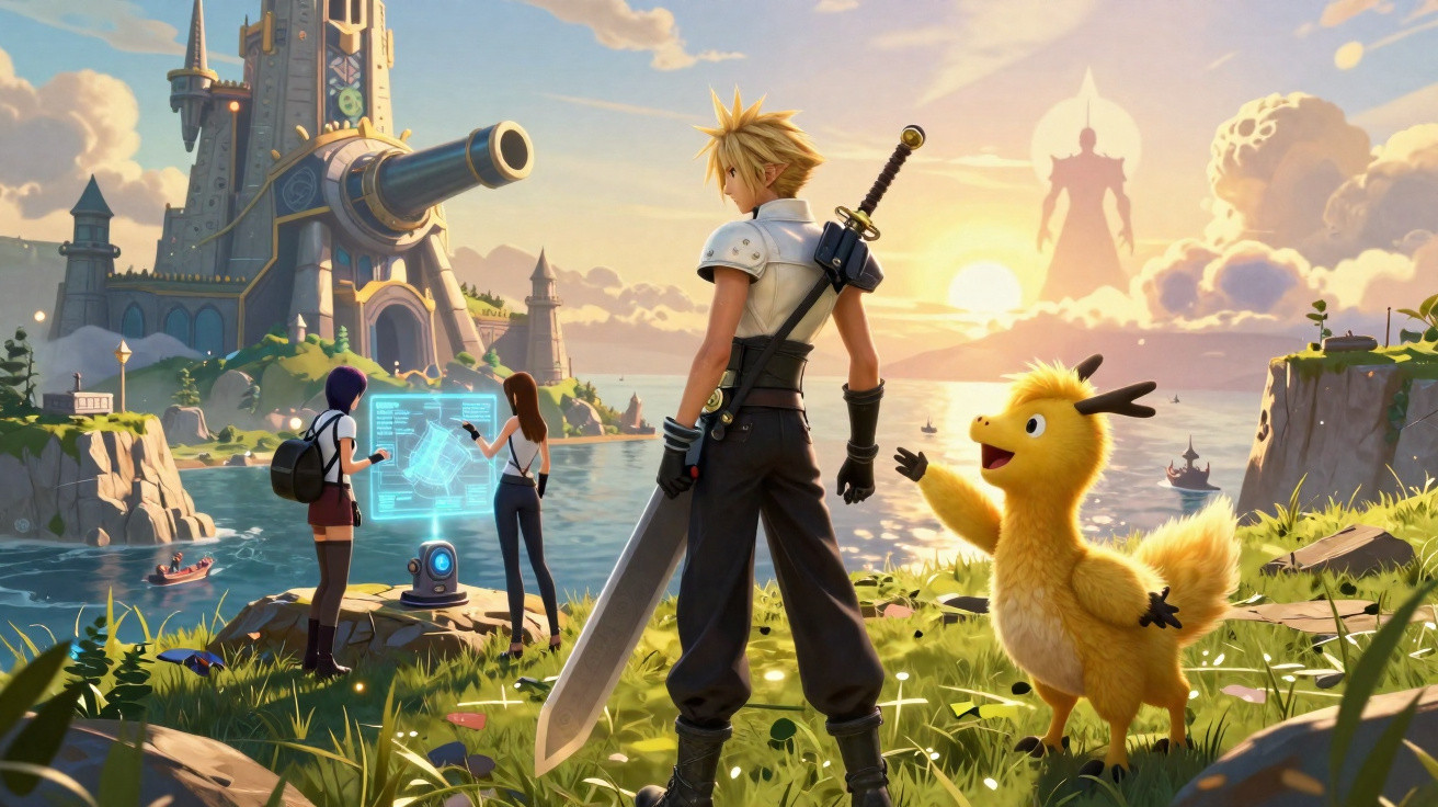 Cena de jogo com personagem armado, criatura amarela, duas pessoas e castelo futurista ao pôr do sol.