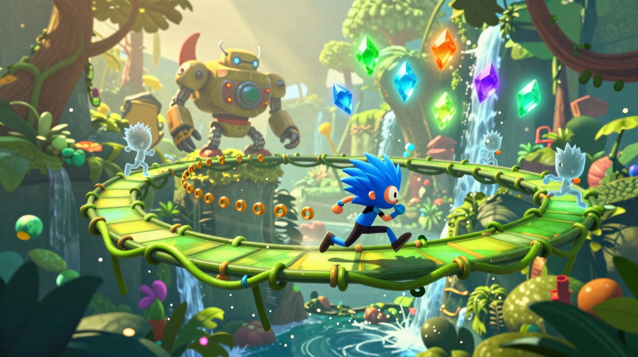 Sonic correndo em ponte circular suspensa com anéis dourados e pedras coloridas, robô gigante ao fundo em floresta.