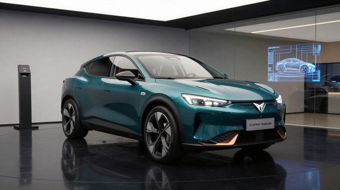 Carro elétrico cupra tavascan verde em exposição moderna com tela holográfica ao fundo.