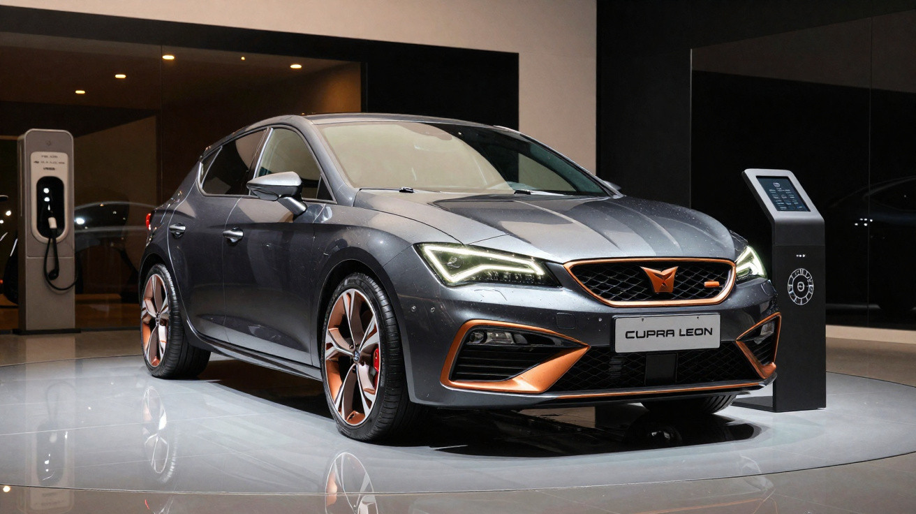 Carro elétrico cinza Cupra Leon exposto em showroom moderno com carregador ao lado.