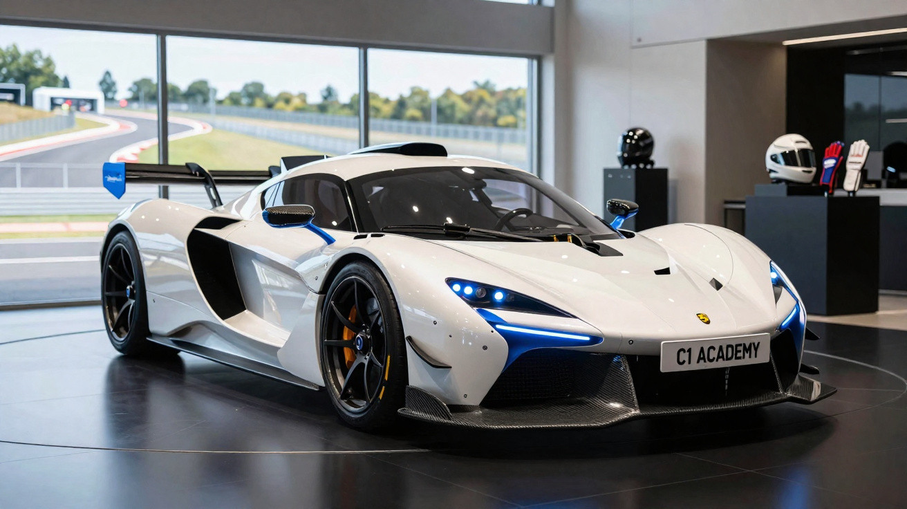 Carro esportivo branco com detalhes azuis exibido em showroom com capacetes ao fundo.