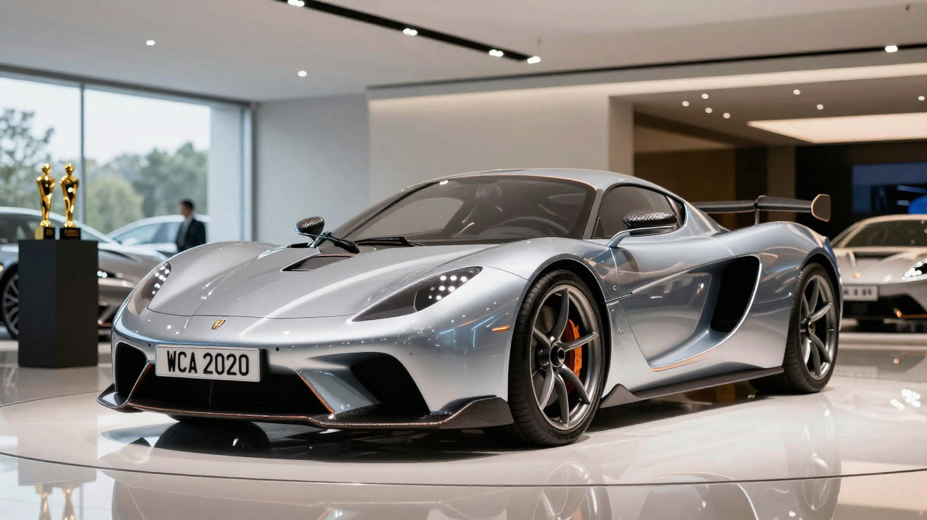 Carro esportivo prata com design aerodinâmico exposto em showroom moderno e iluminado.