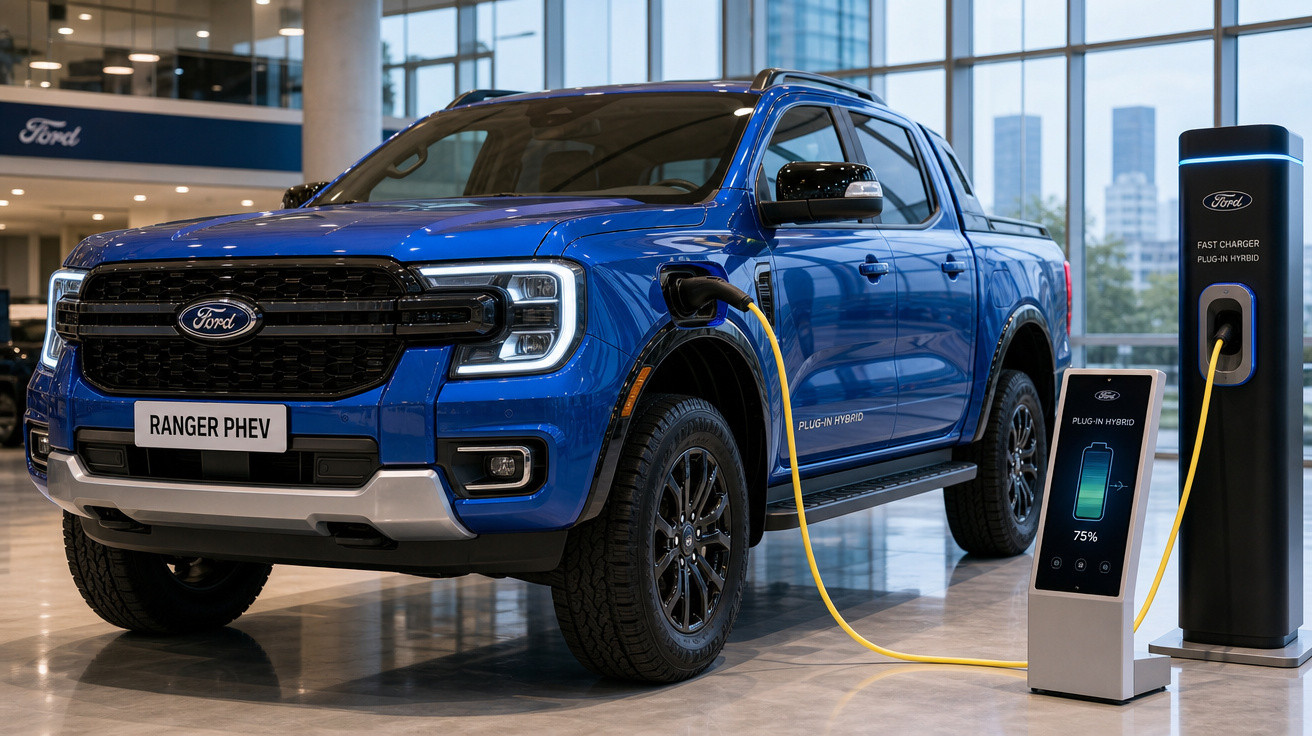 Picape azul Ford Ranger PHEV plugada em estação de recarga elétrica em showroom moderno.