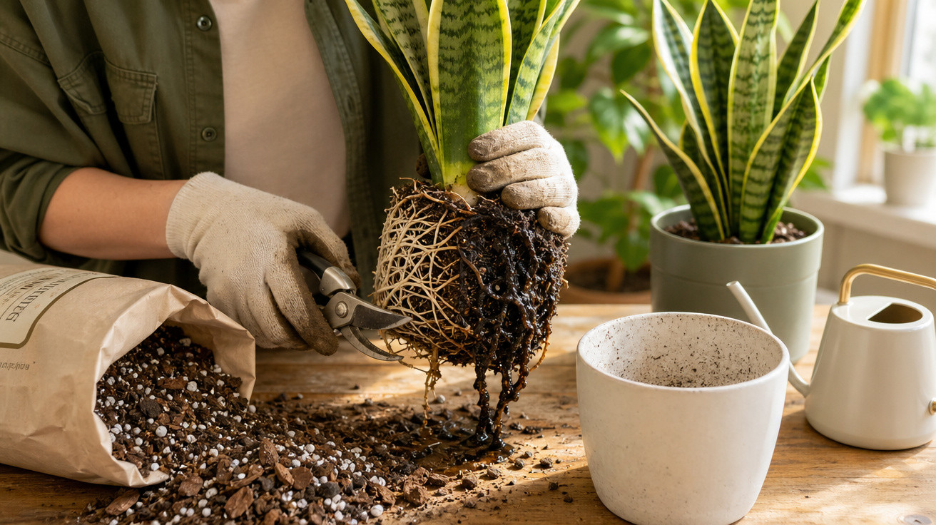 Pessoa transplantando planta espada-de-são-jorge, cortando raízes com tesoura de poda, luvas e vaso na mesa.