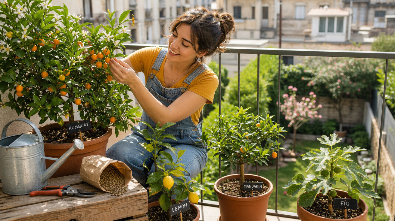 Mulher cuidando de plantas cítricas e de figo em vasos numa varanda ensolarada de apartamento.