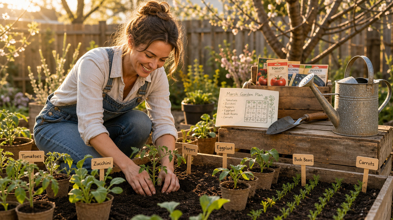 Mulher sorrindo enquanto planta mudas em jardim com etiquetas e ferramentas de jardinagem ao fundo.