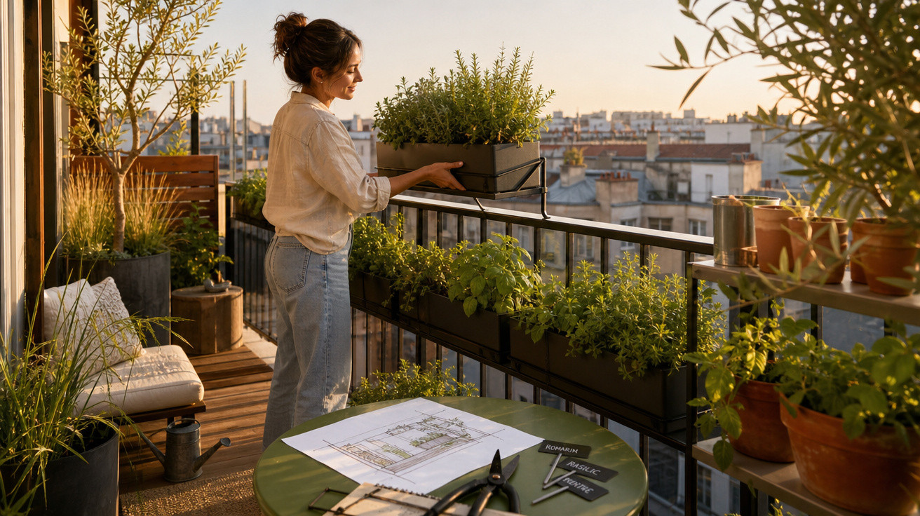 Mulher cuidando de plantas em varanda com vasos e mesa com ferramentas de jardinagem ao entardecer.