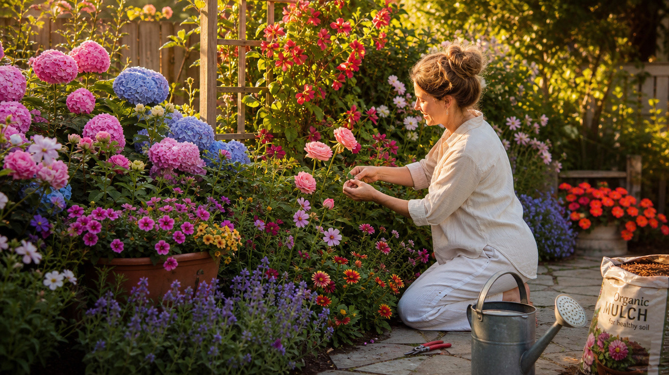 Mulher cuidando de flores coloridas em jardim iluminado pelo sol, cercada por plantas e utensílios de jardinagem.