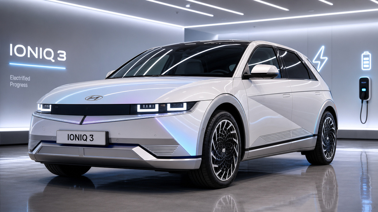 Carro elétrico Hyundai IONIQ 3 branco exibido em ambiente moderno e iluminado.