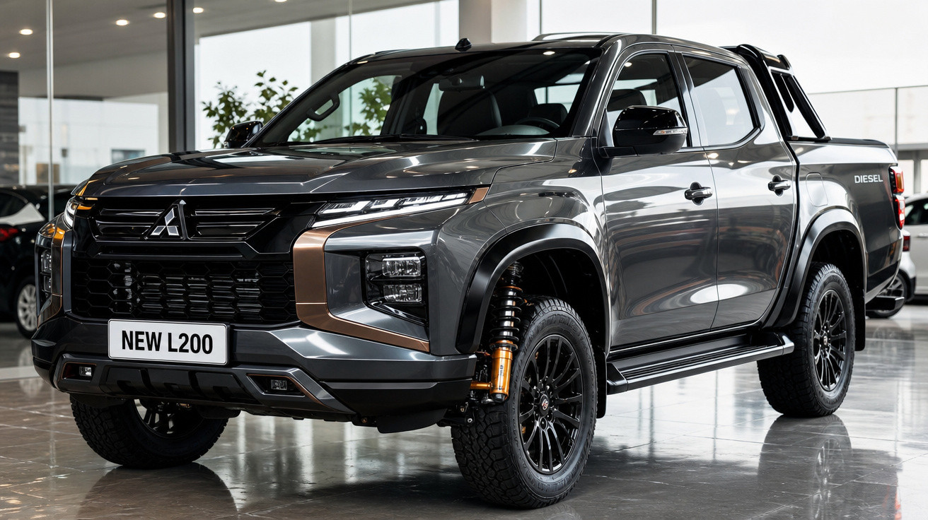 Picape Mitsubishi New L200 cinza em exposição interna com detalhes em preto e dourado.