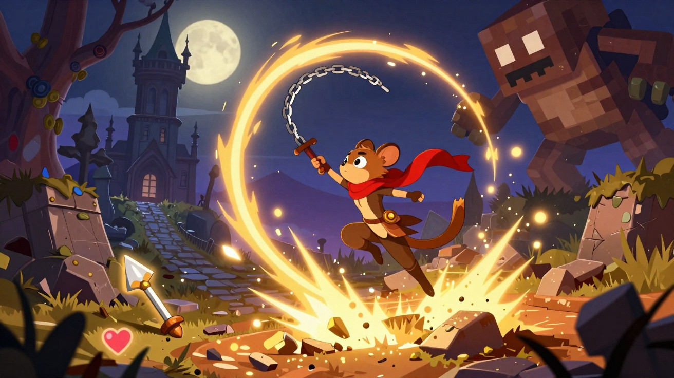 Rato guerreiro com capa vermelha e chicote enfrenta criatura gigante em cenário noturno de castelo e floresta.
