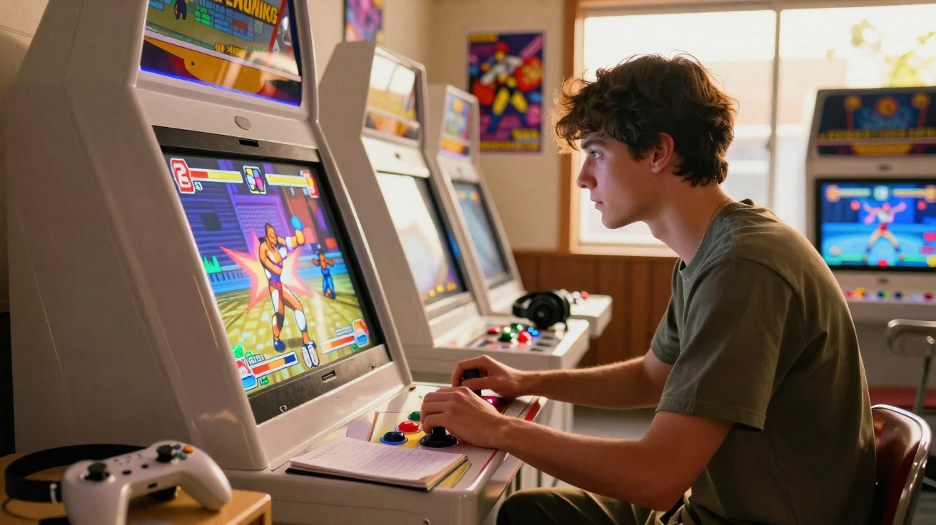 Jovem concentrado jogando videogame em arcade com vários botões coloridos em ambiente interno.