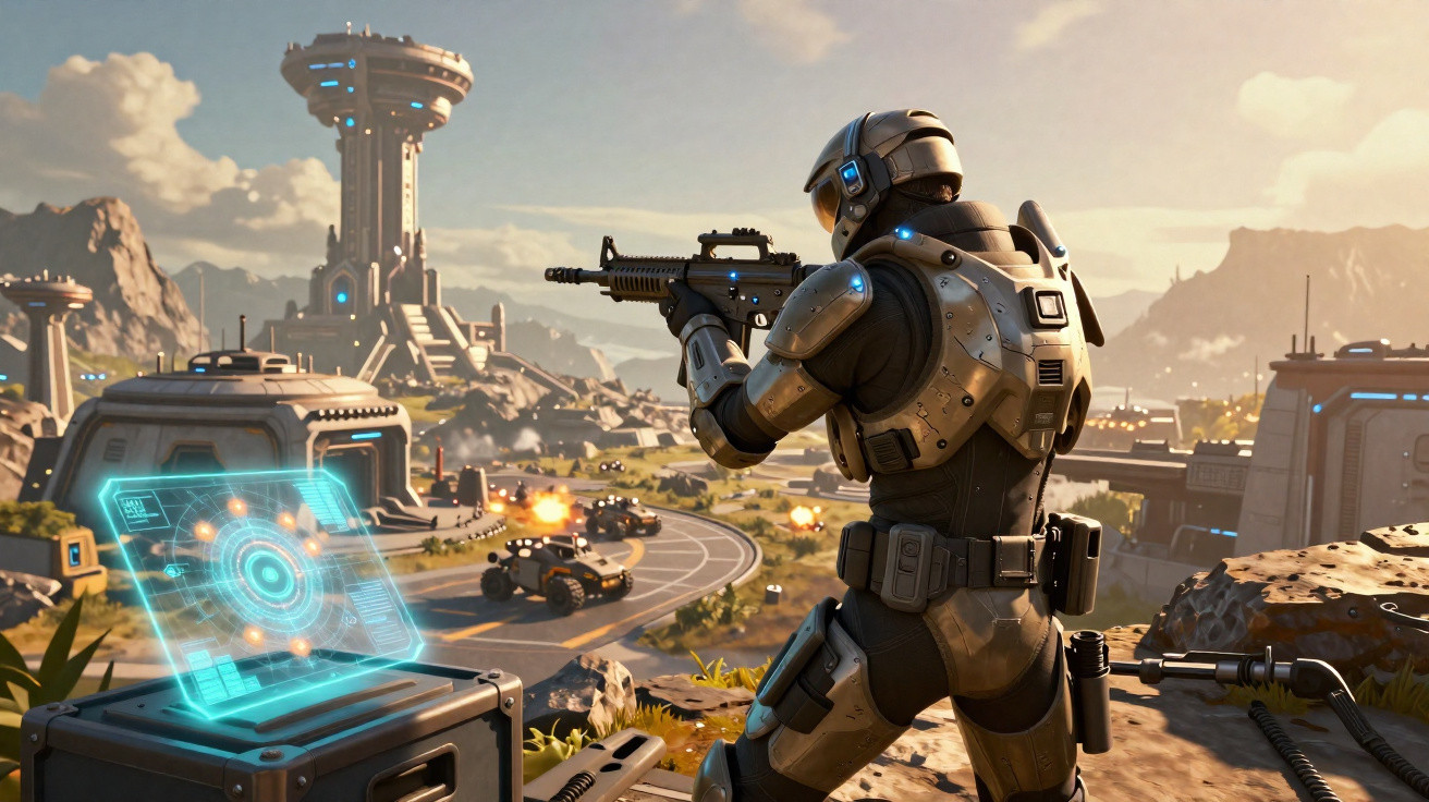 Soldado futurista com arma em base militar futurística com veículos e holograma azul.