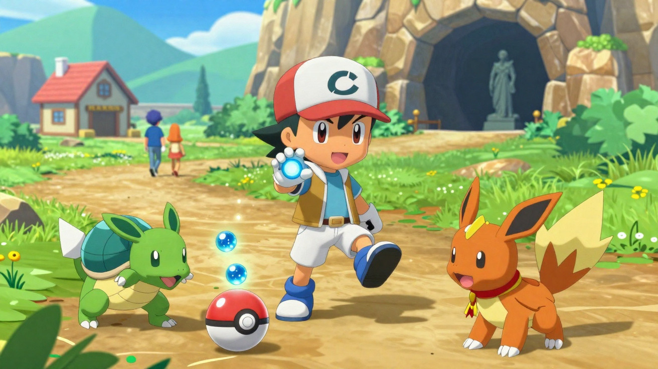 Treinador Pokémon com um Squirtle e um Eevee em trilha na floresta com casa, estátua e caverna ao fundo.