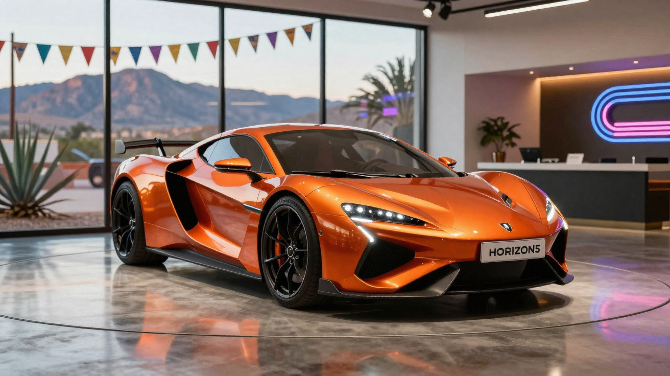 Carro esportivo laranja brilhante estacionado em showroom moderno com janelas grandes e montanhas ao fundo.