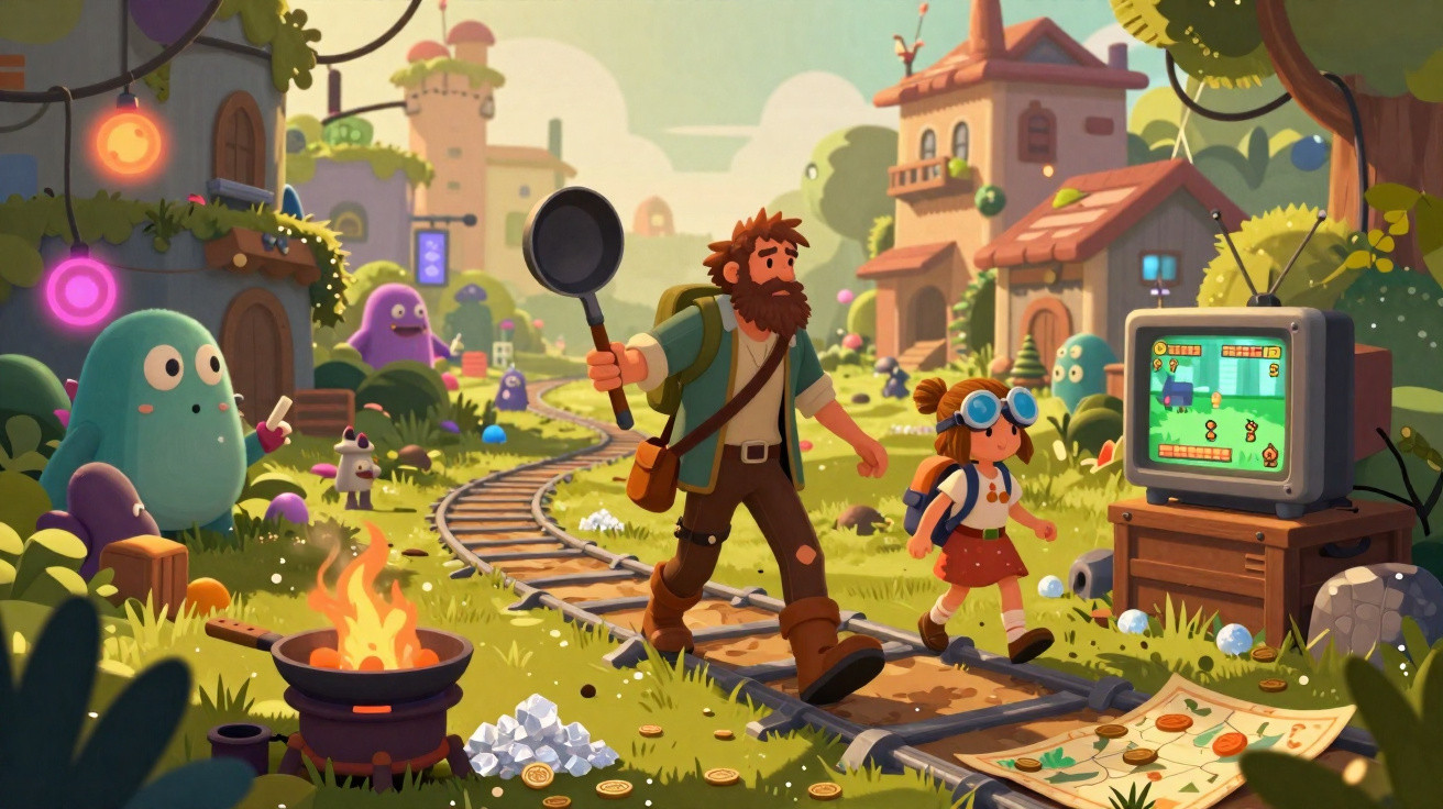 Cena colorida de desenho animado com dois personagens caminhando por trilhos em vila cheia de criaturas e objetos diversos.