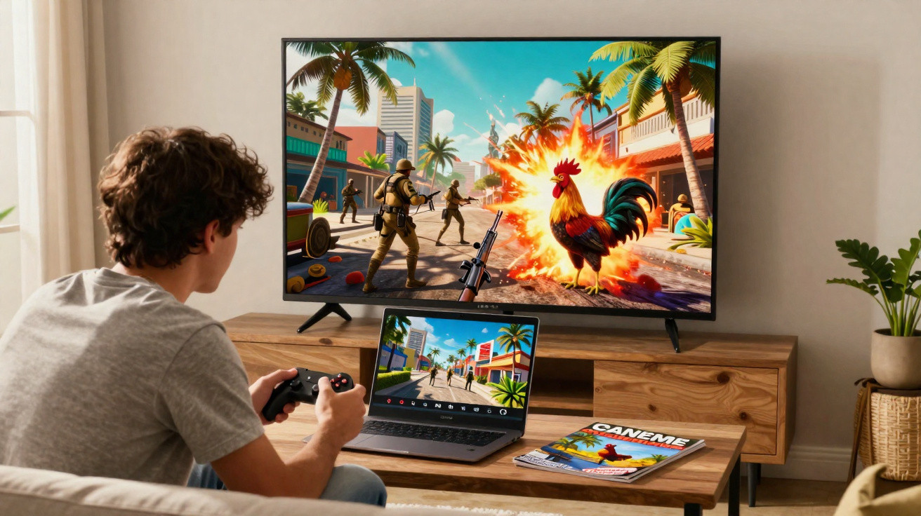 Jovem jogando videogame com controle, TV e notebook mostram jogo de tiro em cidade tropical.