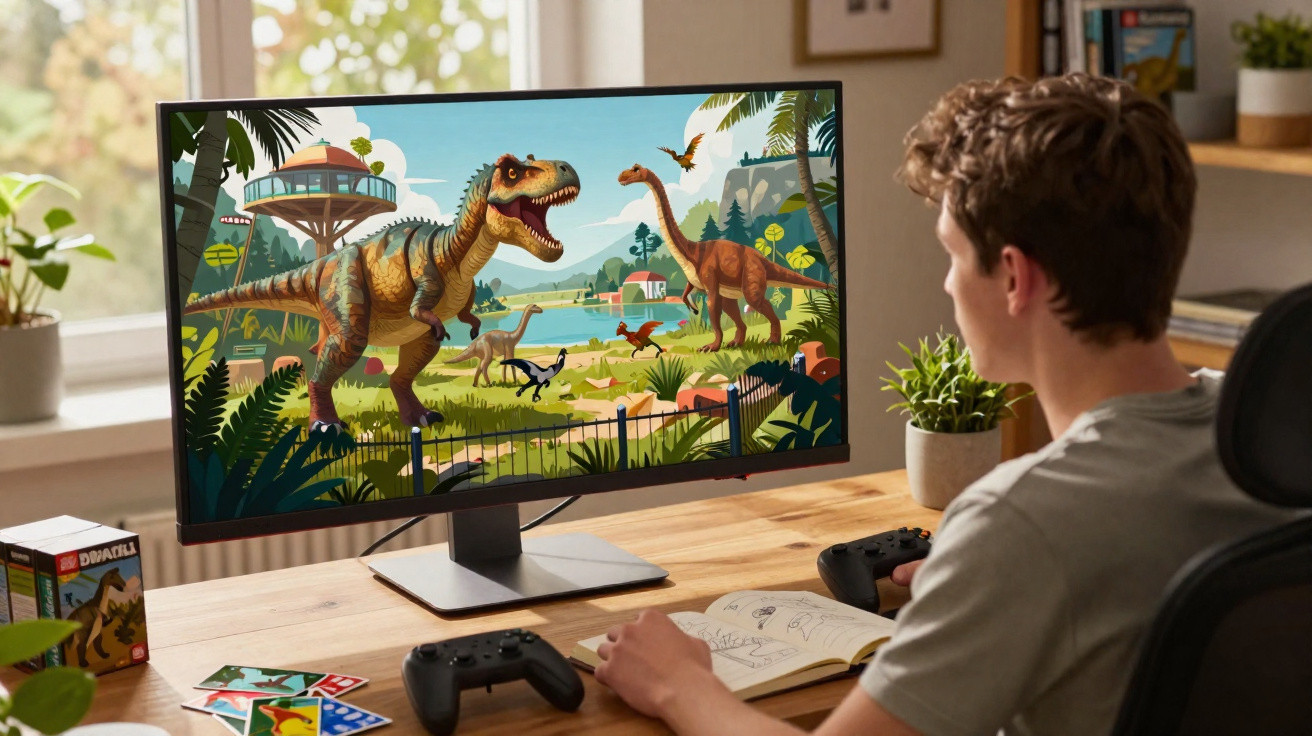 Jovem sentado na mesa jogando videogame de dinossauros em monitor widescreen, com desenhos e controles perto.