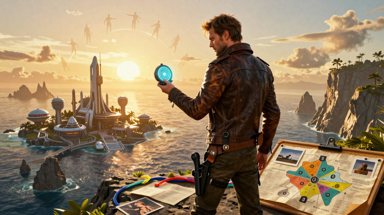 Homem com colete de couro segurando dispositivo tecnológico, olhando para ilha futurística ao pôr do sol.