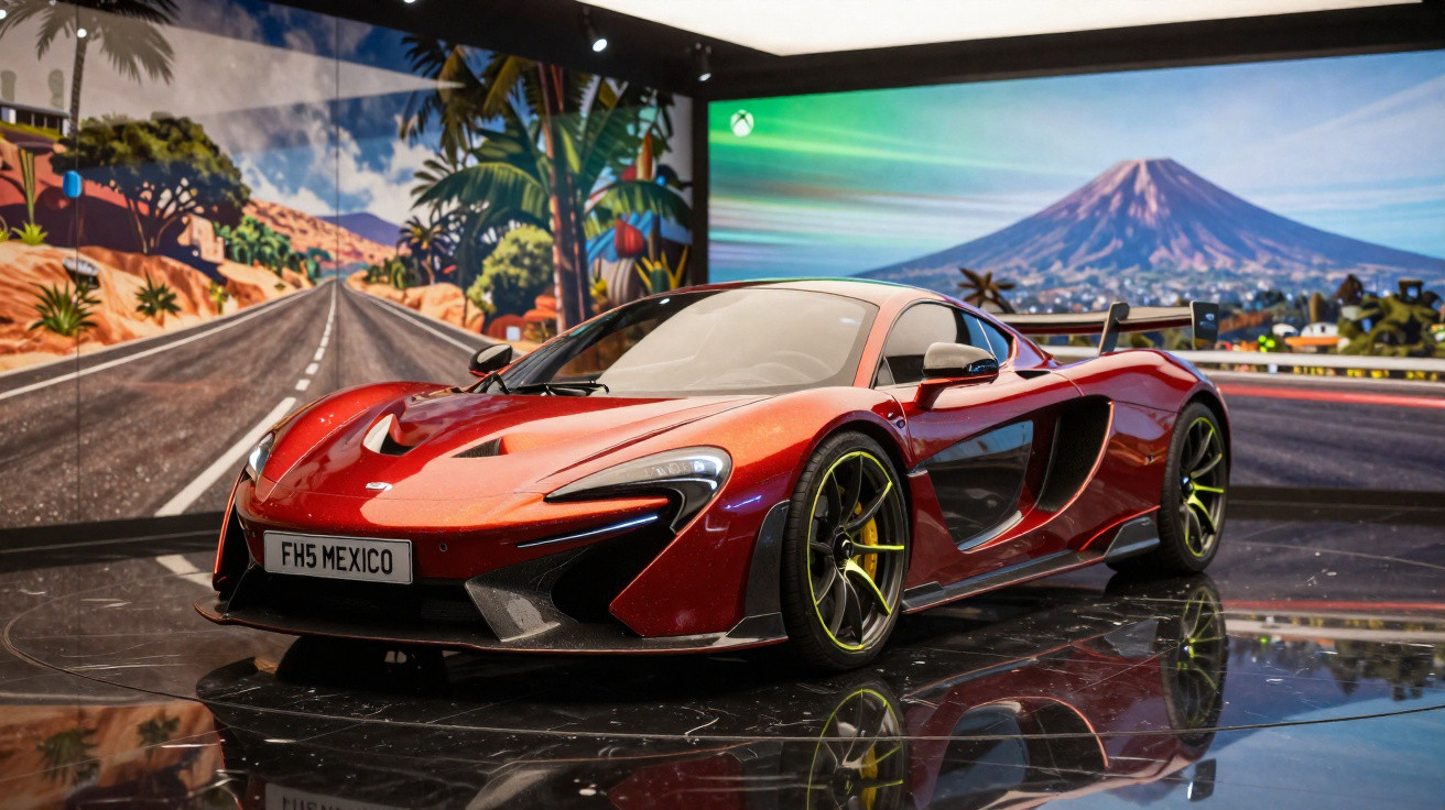 Carro esportivo vermelho brilhante em exibição com cenário digital de estrada e montanha ao fundo.