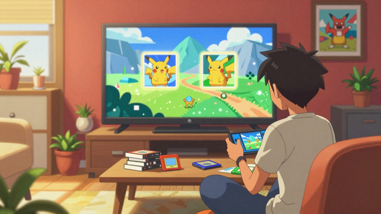 Jovem sentado jogando videogame de Pokémon com Pikachu na tela de TV em sala aconchegante com plantas.