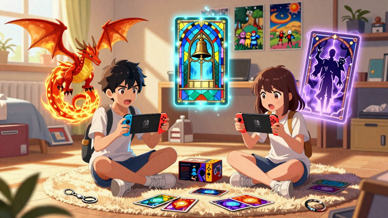 Dois jovens jogam videogame em uma sala, com cartas e dragões fantásticos brilhando ao redor.