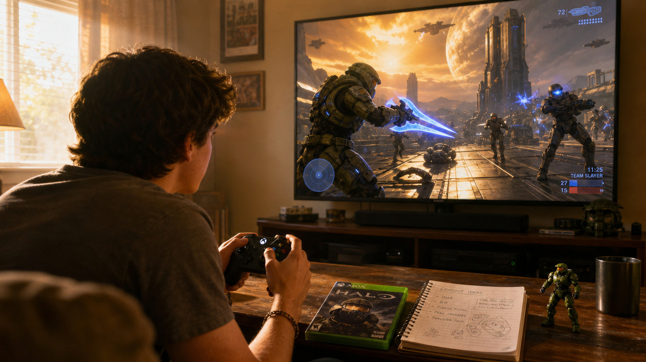 Jovem joga videogame Halo em TV grande com controle, caderno aberto e figura de ação na mesa.